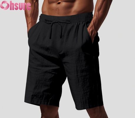 Leichte Herren-Leinen-Freizeithose, atmungsaktiv, für den Sommer, Strand, Sport, lockere Passform, mittellang, elastischer Bund, bequem