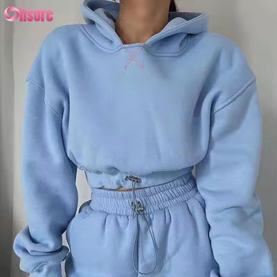 OEM Hochwertiges Fleece-Baumwoll-Sweatshirt und Hoodie-Set Outdoor Cropped Hoodie Top Zweiteiliges Set Damenbekleidung