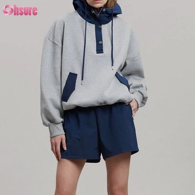 Modedesign Bequemer Baumwoll-Oversized-Style Knopf Kontrastfarbe Taschen-Hoodie für Damen