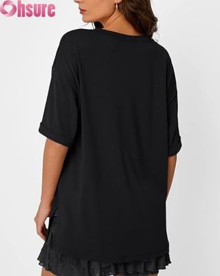 Weibliches Oversized Casual T-Shirt, Loose Fit Kurzärme Tunika Oberteil mit Seitenschlitze und Ruffle Hem