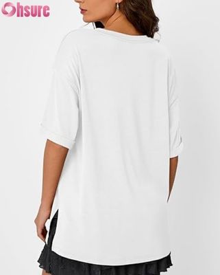 Weibliches Oversized Casual T-Shirt, Loose Fit Kurzärme Tunika Oberteil mit Seitenschlitze und Ruffle Hem