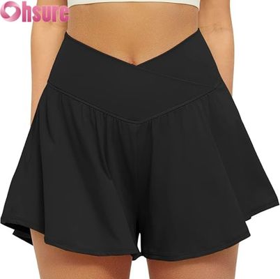 Damen High Waist Sport-Skorts 2-in-1 Fließende Laufshorts Innenfutter Taschen Yoga Tennis Workout Activewear Hot Shorts