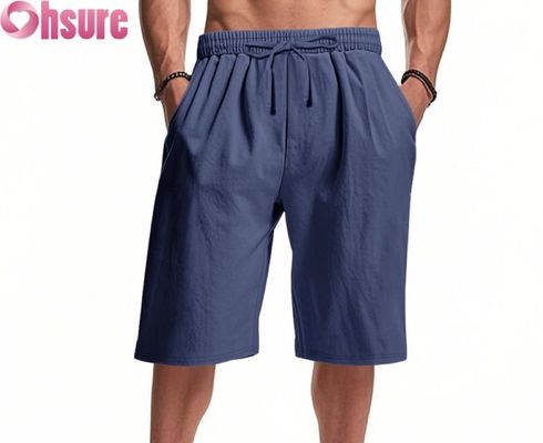 Leichte Herren-Leinen-Freizeithose, atmungsaktiv, für den Sommer, Strand, Sport, lockere Passform, mittellang, elastischer Bund, bequem
