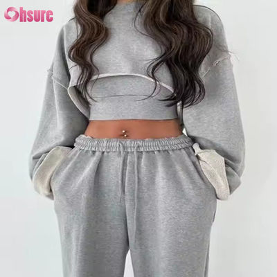 Anpassung Mode Sport Französisch Terry Sweatsuits Damen 3 Stück Jogger Set Sweatpants und Cut Hem Crop Top Set