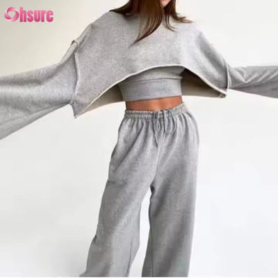 Anpassung Mode Sport Französisch Terry Sweatsuits Damen 3 Stück Jogger Set Sweatpants und Cut Hem Crop Top Set