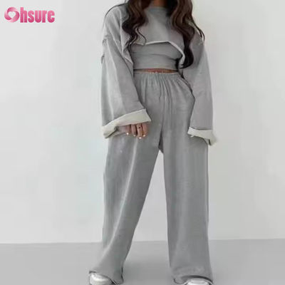 Anpassung Mode Sport Französisch Terry Sweatsuits Damen 3 Stück Jogger Set Sweatpants und Cut Hem Crop Top Set