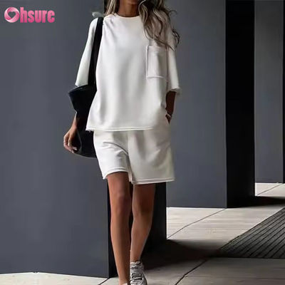 Casual Sommer Anzug für Frauen Feste Farbe Runder Hals Kurzer Ärmel Elastische Trainingshorts Custom Sportbekleidung Frau