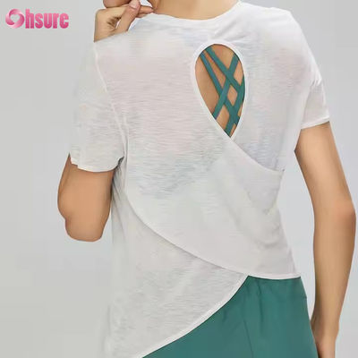Damen Leichte Rückenfreies Kurzarm-Gymnastik-T-Shirt Atmungsaktiv Schnelltrocknend Transparent Casual Yoga T-Shirts