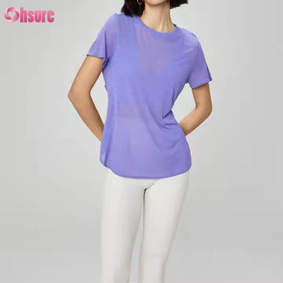 Damen Leichte Rückenfreies Kurzarm-Gymnastik-T-Shirt Atmungsaktiv Schnelltrocknend Transparent Casual Yoga T-Shirts