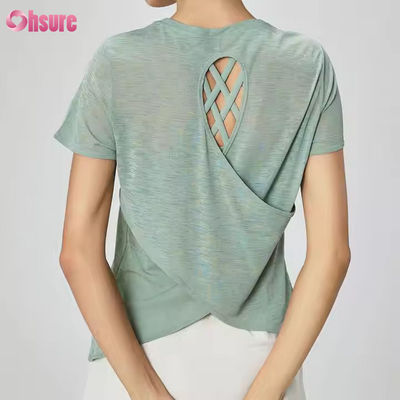 Damen Leichte Rückenfreies Kurzarm-Gymnastik-T-Shirt Atmungsaktiv Schnelltrocknend Transparent Casual Yoga T-Shirts