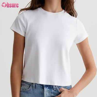 Einfaches, lässiges, maßgeschneidertes, weißes, kurzes Crewneck-T-Shirt für Damen - Vintage-Silhouette, Baumwollmischung, Rippstrick, Alltags-Basic