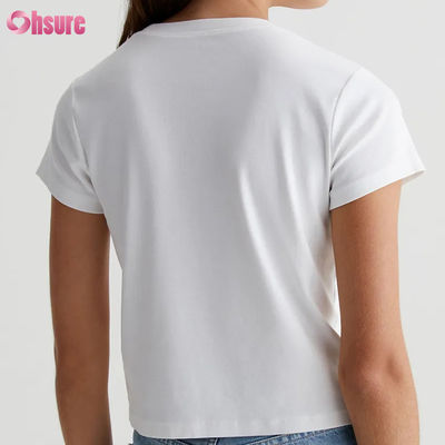 Einfaches, lässiges, maßgeschneidertes, weißes, kurzes Crewneck-T-Shirt für Damen - Vintage-Silhouette, Baumwollmischung, Rippstrick, Alltags-Basic