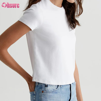 Einfaches, lässiges, maßgeschneidertes, weißes, kurzes Crewneck-T-Shirt für Damen - Vintage-Silhouette, Baumwollmischung, Rippstrick, Alltags-Basic