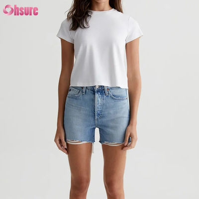 Einfaches, lässiges, maßgeschneidertes, weißes, kurzes Crewneck-T-Shirt für Damen - Vintage-Silhouette, Baumwollmischung, Rippstrick, Alltags-Basic