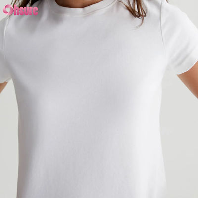 Einfaches, lässiges, maßgeschneidertes, weißes, kurzes Crewneck-T-Shirt für Damen - Vintage-Silhouette, Baumwollmischung, Rippstrick, Alltags-Basic