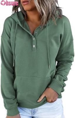 Damen Casual Loose Fit Langarm Pullover Button-Up Kapuzenpullover Front Logo Gestrickt für Herbst Winter Mit Taschen