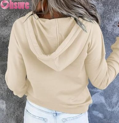 Damen Casual Loose Fit Langarm Pullover Button-Up Kapuzenpullover Front Logo Gestrickt für Herbst Winter Mit Taschen