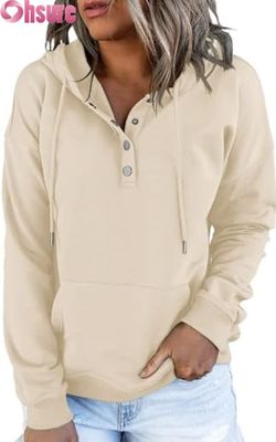 Damen Casual Loose Fit Langarm Pullover Button-Up Kapuzenpullover Front Logo Gestrickt für Herbst Winter Mit Taschen