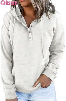 Damen Casual Loose Fit Langarm Pullover Button-Up Kapuzenpullover Front Logo Gestrickt für Herbst Winter Mit Taschen