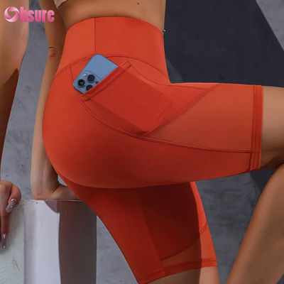 Individueller Logo-Druck, enge Passform, heißer Verkauf, Taschen, Mesh-Nähte, hoher Bund, Po-Lifting, schlankmachende Yoga-Shorts, Leggings, Großhandel