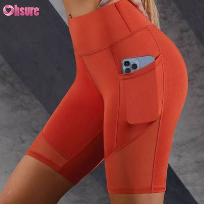 Individueller Logo-Druck, enge Passform, heißer Verkauf, Taschen, Mesh-Nähte, hoher Bund, Po-Lifting, schlankmachende Yoga-Shorts, Leggings, Großhandel