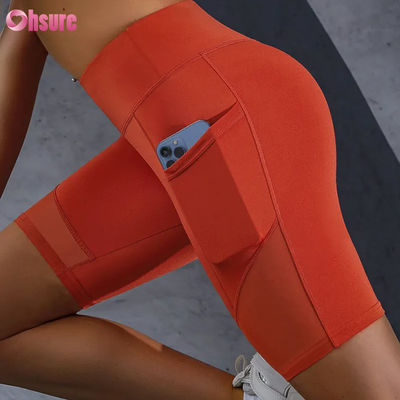 Individueller Logo-Druck, enge Passform, heißer Verkauf, Taschen, Mesh-Nähte, hoher Bund, Po-Lifting, schlankmachende Yoga-Shorts, Leggings, Großhandel