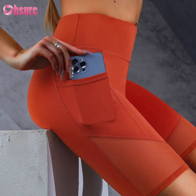 Individueller Logo-Druck, enge Passform, heißer Verkauf, Taschen, Mesh-Nähte, hoher Bund, Po-Lifting, schlankmachende Yoga-Shorts, Leggings, Großhandel