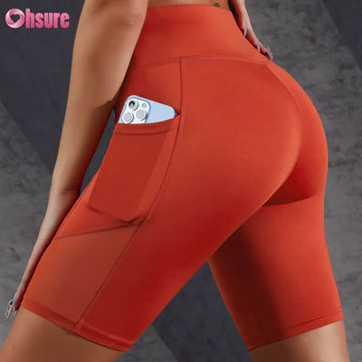 Individueller Logo-Druck, enge Passform, heißer Verkauf, Taschen, Mesh-Nähte, hoher Bund, Po-Lifting, schlankmachende Yoga-Shorts, Leggings, Großhandel