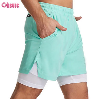 Individuelles Logo-Design Polyester 2-in-1-Gymnastikshorts Fitness-Workout-Kleidung Herren Standard-Logo Einfarbige kurze Badehose Innenfutter Fitness-Shorts