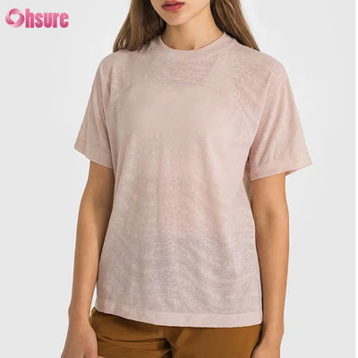Großhandel Benutzerdefiniertes Logo Schnelltrocknendes Atmungsaktives Jacquard Sport T-Shirt Fitness Kurzarm Yoga Top Damen Kurze Gymnastik T-Shirts