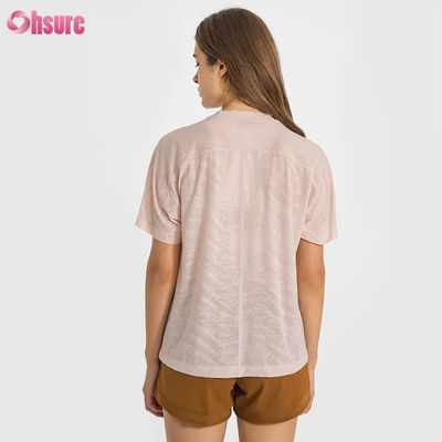 Großhandel Benutzerdefiniertes Logo Schnelltrocknendes Atmungsaktives Jacquard Sport T-Shirt Fitness Kurzarm Yoga Top Damen Kurze Gymnastik T-Shirts