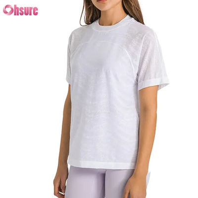 Großhandel Benutzerdefiniertes Logo Schnelltrocknendes Atmungsaktives Jacquard Sport T-Shirt Fitness Kurzarm Yoga Top Damen Kurze Gymnastik T-Shirts