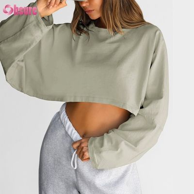 Custom Doppelseite O Hals Leere einfache Übergröße geschnitten Top Solid Casual Athletic Spandex Frauen Langarm T-Shirt