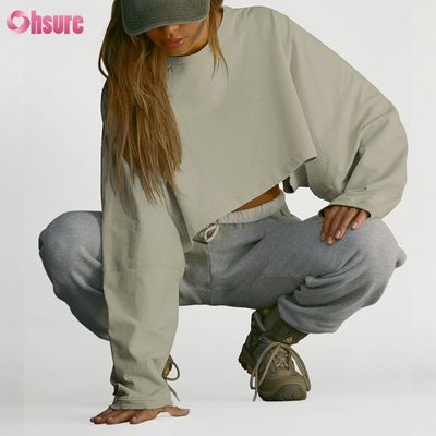 Custom Doppelseite O Hals Leere einfache Übergröße geschnitten Top Solid Casual Athletic Spandex Frauen Langarm T-Shirt