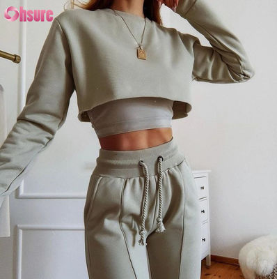Massivfarbiger Bio-Baumwollstoff 3 Stück Crop Top Jogger Set 2025 Kausal Zwei Stück Loungewear Sets für Frauen Lounge Wear Sets