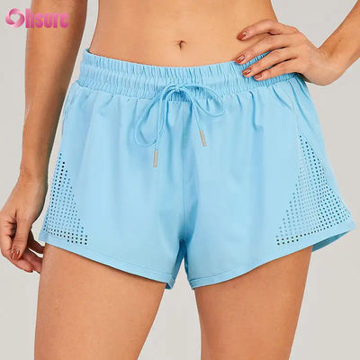 Großhandel Damen Sport Workout Shorts Atmungsaktive Laser Cut Jogging Shorts mit Warm-up Reißverschluss Seitentasche Einfarbig