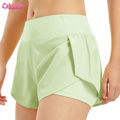 Warm verkaufte Running Shorts für Frauen mit hoher Taille Schnelle Trockene Doppelschicht Sportliche Trainingshosen Taschen Atmung Fitness Yoga tragen