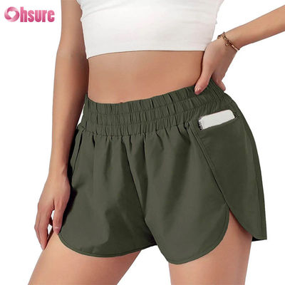 Sportshorts für Frauen mit hoher Taille, schnell trocknende, elastische, modische Lauf- und Sportshorts mit Taschen