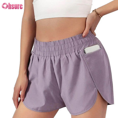 Sportshorts für Frauen mit hoher Taille, schnell trocknende, elastische, modische Lauf- und Sportshorts mit Taschen
