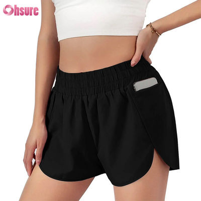 Sportshorts für Frauen mit hoher Taille, schnell trocknende, elastische, modische Lauf- und Sportshorts mit Taschen