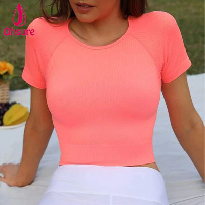 Bestseller 90% Nylon, 10% Elastan Absorbierend Schweiß Solid Rib Strick Sport Tee Frauen Fitness Fitness Gym Training T-Shirt