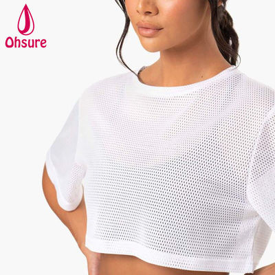 T-Shirt mit individuellem Logo, lässig, Spandex-Mesh-Gewebe, Rundhalsausschnitt, Damenbekleidung, Damen-Gymnastik-Warm-up, Damen-Shirts