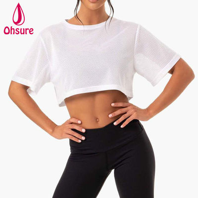 T-Shirt mit individuellem Logo, lässig, Spandex-Mesh-Gewebe, Rundhalsausschnitt, Damenbekleidung, Damen-Gymnastik-Warm-up, Damen-Shirts