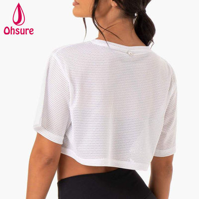 T-Shirt mit individuellem Logo, lässig, Spandex-Mesh-Gewebe, Rundhalsausschnitt, Damenbekleidung, Damen-Gymnastik-Warm-up, Damen-Shirts