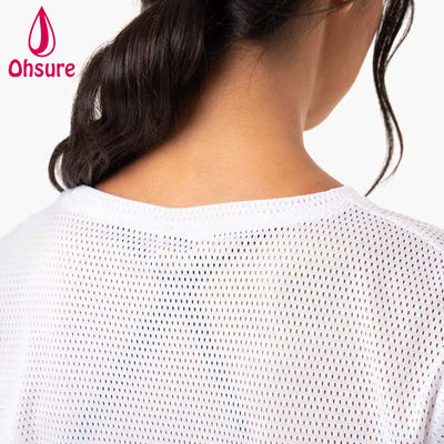 T-Shirt mit individuellem Logo, lässig, Spandex-Mesh-Gewebe, Rundhalsausschnitt, Damenbekleidung, Damen-Gymnastik-Warm-up, Damen-Shirts
