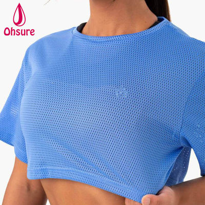 T-Shirt mit individuellem Logo, lässig, Spandex-Mesh-Gewebe, Rundhalsausschnitt, Damenbekleidung, Damen-Gymnastik-Warm-up, Damen-Shirts