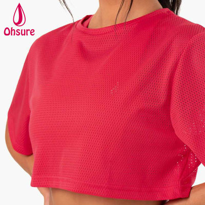 T-Shirt mit individuellem Logo, lässig, Spandex-Mesh-Gewebe, Rundhalsausschnitt, Damenbekleidung, Damen-Gymnastik-Warm-up, Damen-Shirts