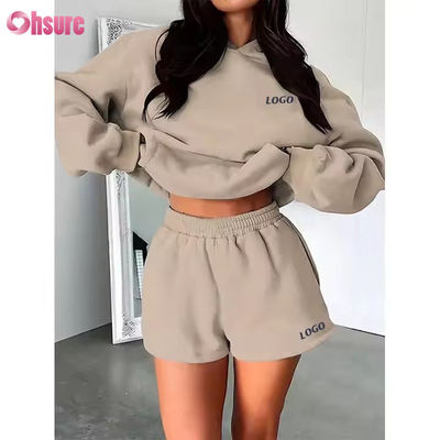 F240140 Kundensatz Kurzstücke Zwei-Stücke-Satz Frauen Langärme einfache Hoodie Sweatsuit und Fitness-Shorts Set Frühjahrskleidung für Frauen
