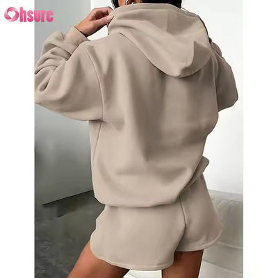 F240140 Kundensatz Kurzstücke Zwei-Stücke-Satz Frauen Langärme einfache Hoodie Sweatsuit und Fitness-Shorts Set Frühjahrskleidung für Frauen