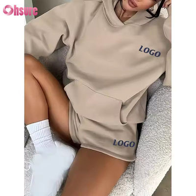 F240140 Kundensatz Kurzstücke Zwei-Stücke-Satz Frauen Langärme einfache Hoodie Sweatsuit und Fitness-Shorts Set Frühjahrskleidung für Frauen